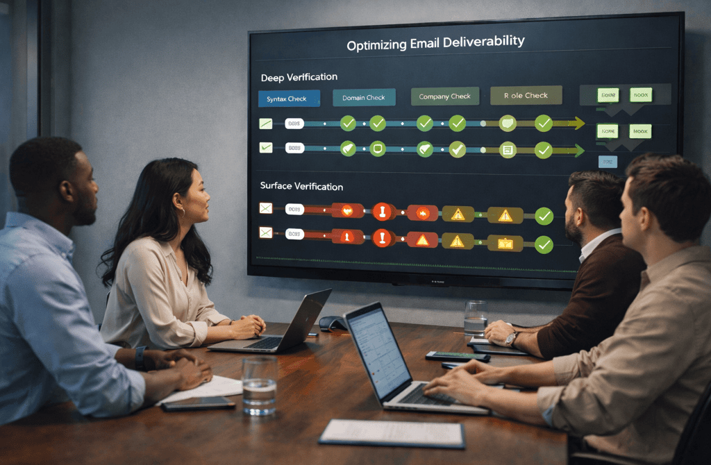 SDR team reviewing email verification strategy in boardroom