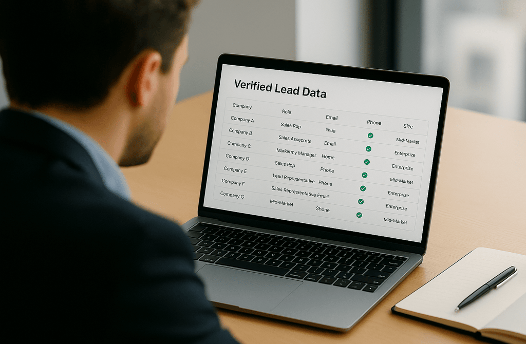 Founder reviewing verified B2B lead data on a laptop dashboard