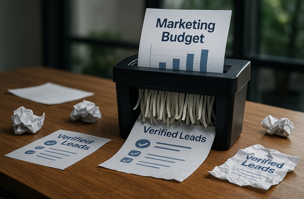 Paper shredder removing outdated marketing data on a desk.