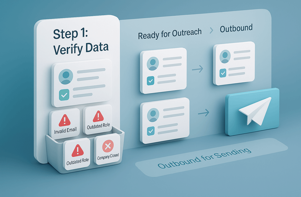 3D infographic showing data verification before outbound sending.