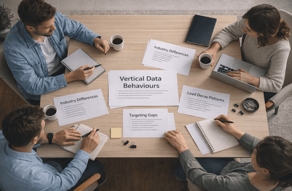 Marketing team reviewing vertical data behaviours at a table.