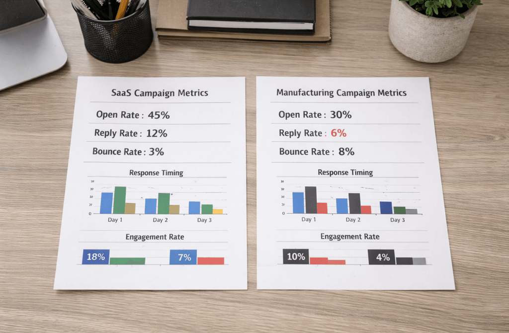 Printed outbound campaign metrics comparing two different B2B verticals