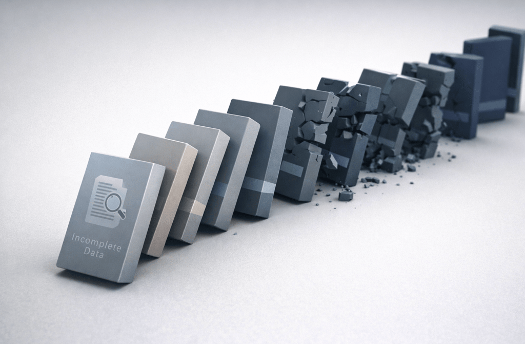 3D illustration showing a domino effect caused by weak data inputs in an outbound system