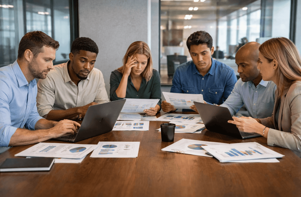 Sales, marketing, and RevOps teams reviewing conflicting reports during a meeting