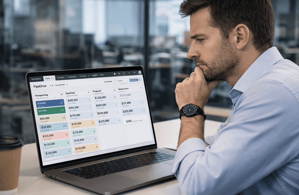 Founder reviewing CRM pipeline overloaded in early-stage deals