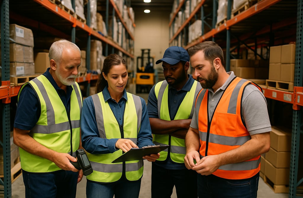 Warehouse workers collaborating on inventory inside a modern distribution center.