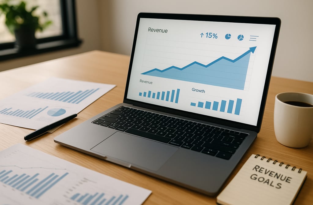 laptop showing revenue growth chart on desk with reports and coffee