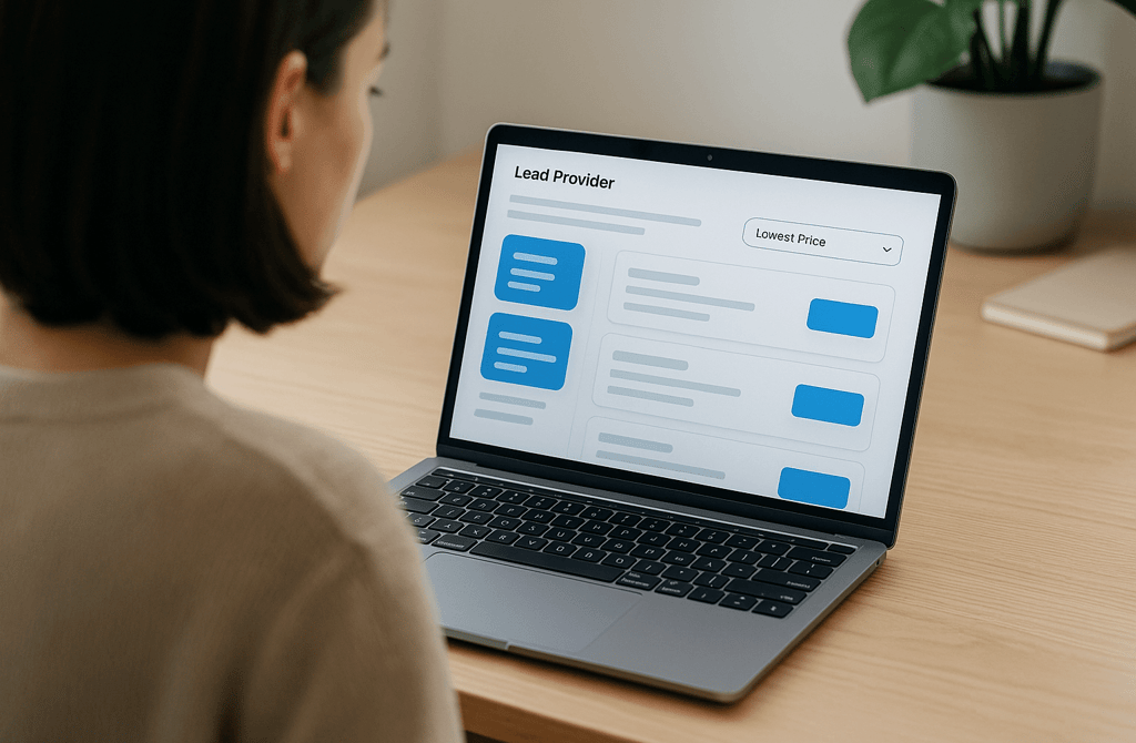 Woman browsing a lead provider site with lowest-price filter highlighted