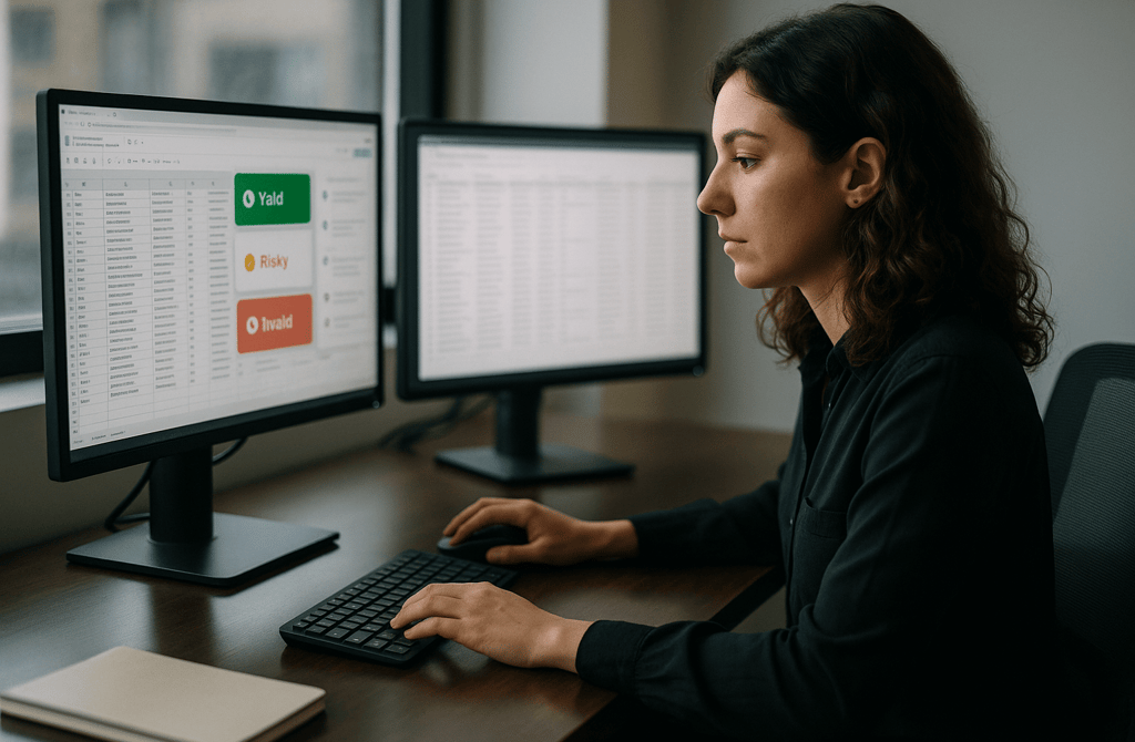Woman validating a B2B dataset on dual monitors in a modern workspace