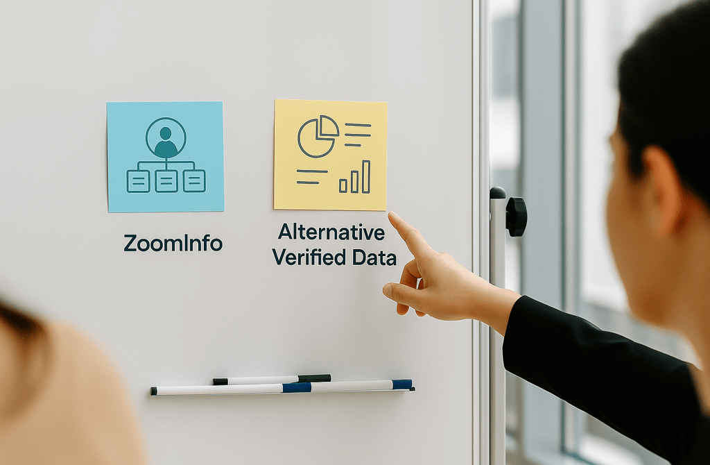 Sticky notes comparing ZoomInfo and alternative verified data on a whiteboard