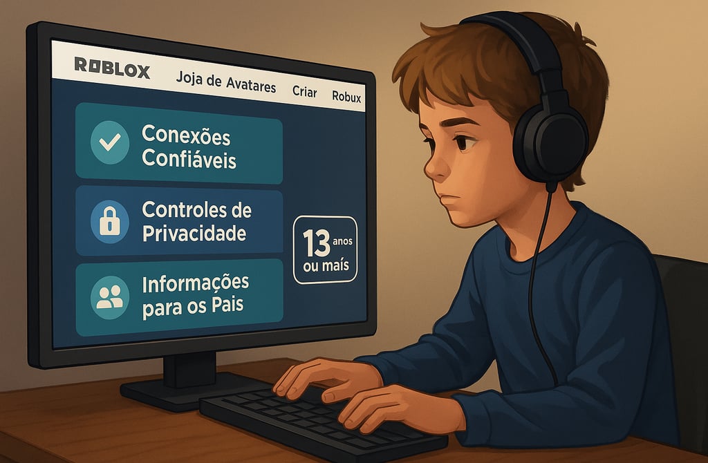 Menino usando fones de ouvido sentado em frente a um computador com a tela do Roblox aberta, exibind