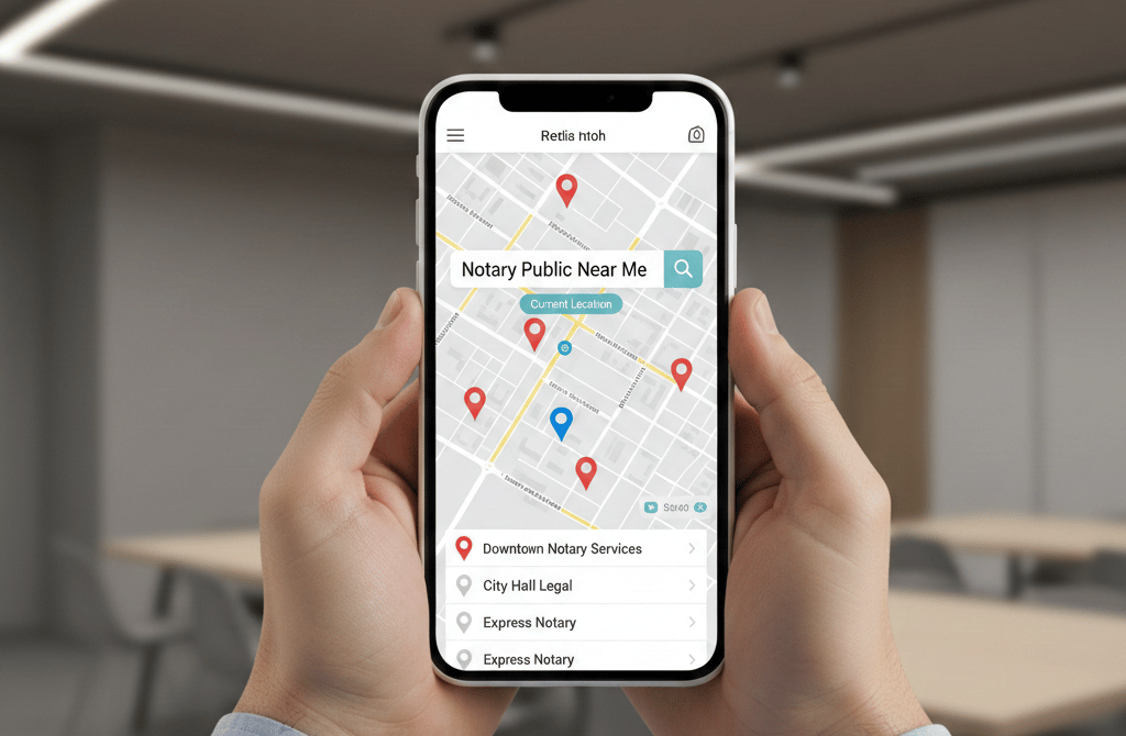 person locating mobile notary service on a phone map search