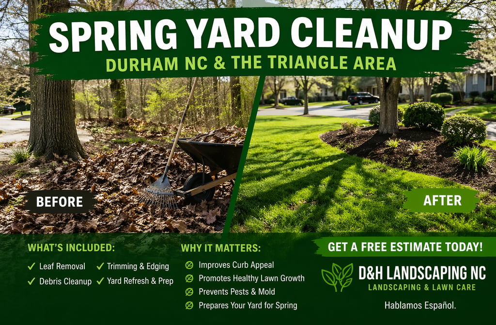 Spring yard cleanup service before and after in Durham NC removing leaves and improving lawn appearance