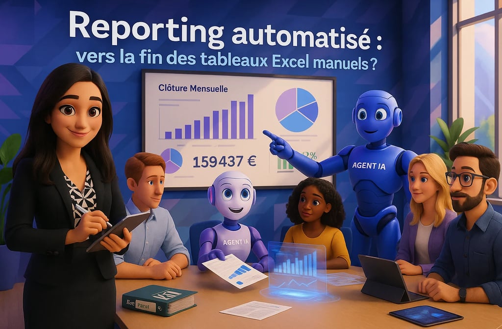Réunion 3D avec humains et robots IA autour d’un tableau de bord de reporting automatisé via IA & RPA. Expert FINEXALYS