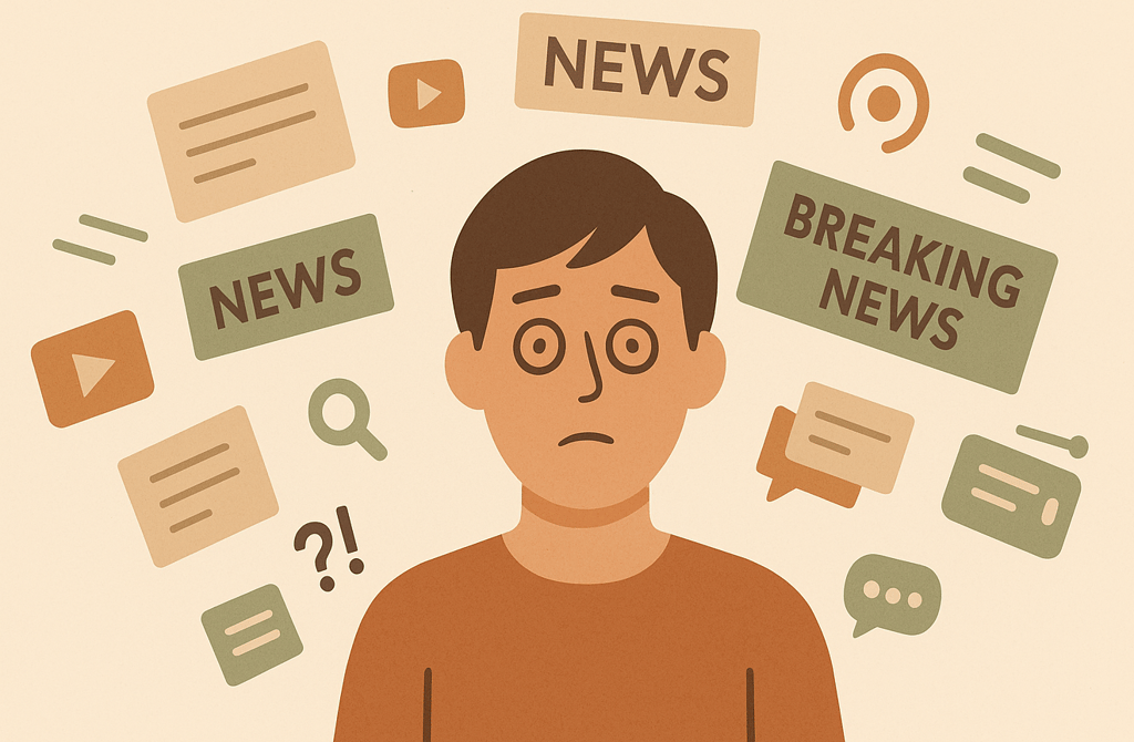 Persona abrumada por titulares flotantes y noticias catastroficas