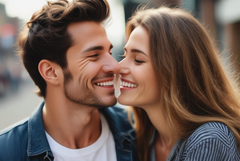 a man and woman smiling and looking at each other