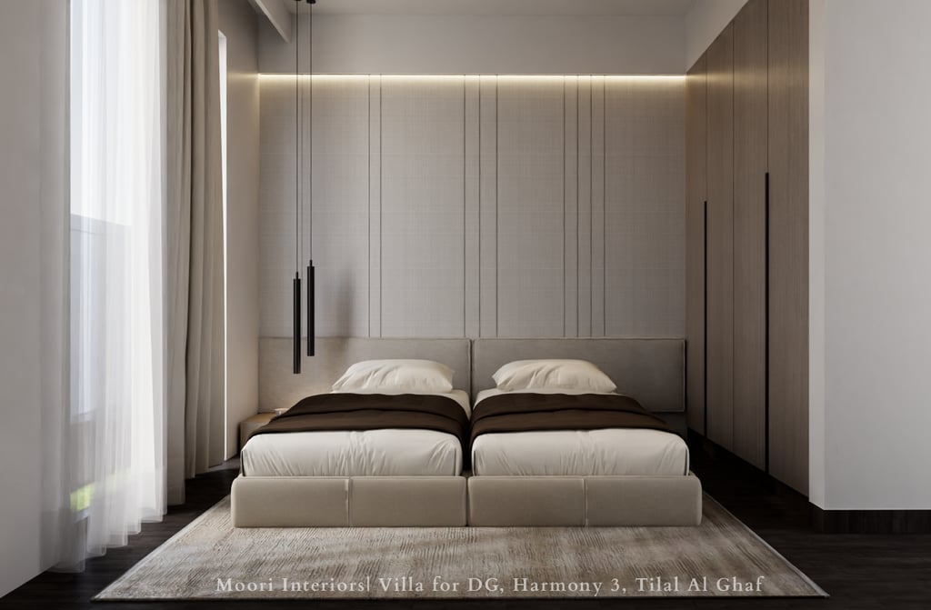 Modern bedroom featuring two single beds with neutral bedding, wooden cabinetry, and soft lighting