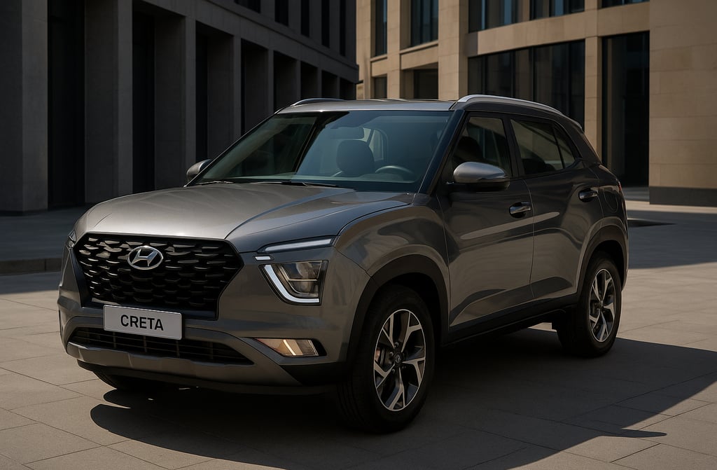 Hyundai Creta 2024 cinza metálico estacionado em cenário urbano moderno com destaque para a frente d