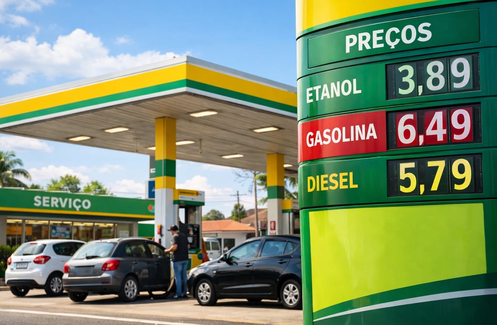 Posto de combustível no Brasil com painel digital mostrando o preço da gasolina, etanol e diesel