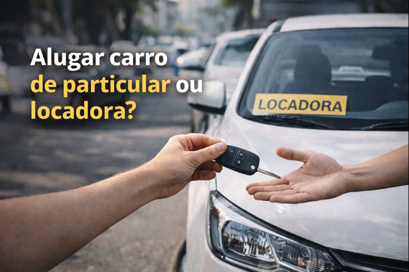 Mãos trocando a chave de um carro em rua urbana, com veículo de locadora ao fundo.