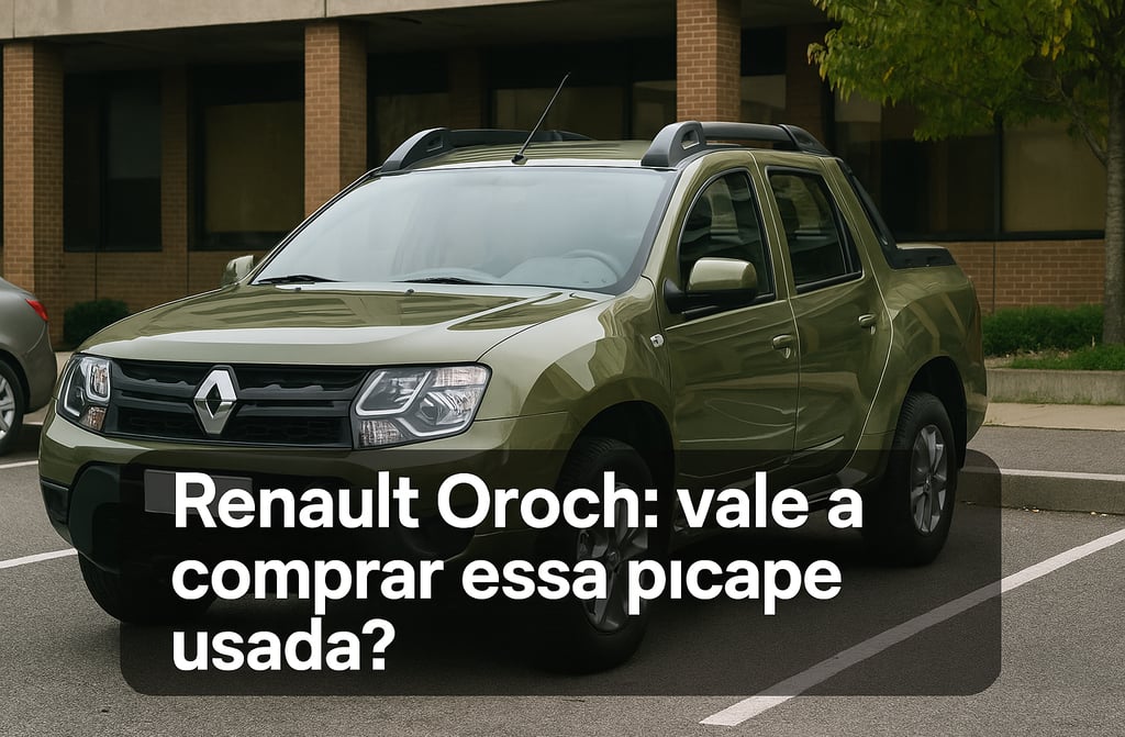 Renault Oroch verde estacionada em estacionamento urbano, com frase: Renault Oroch: vale a pena comp