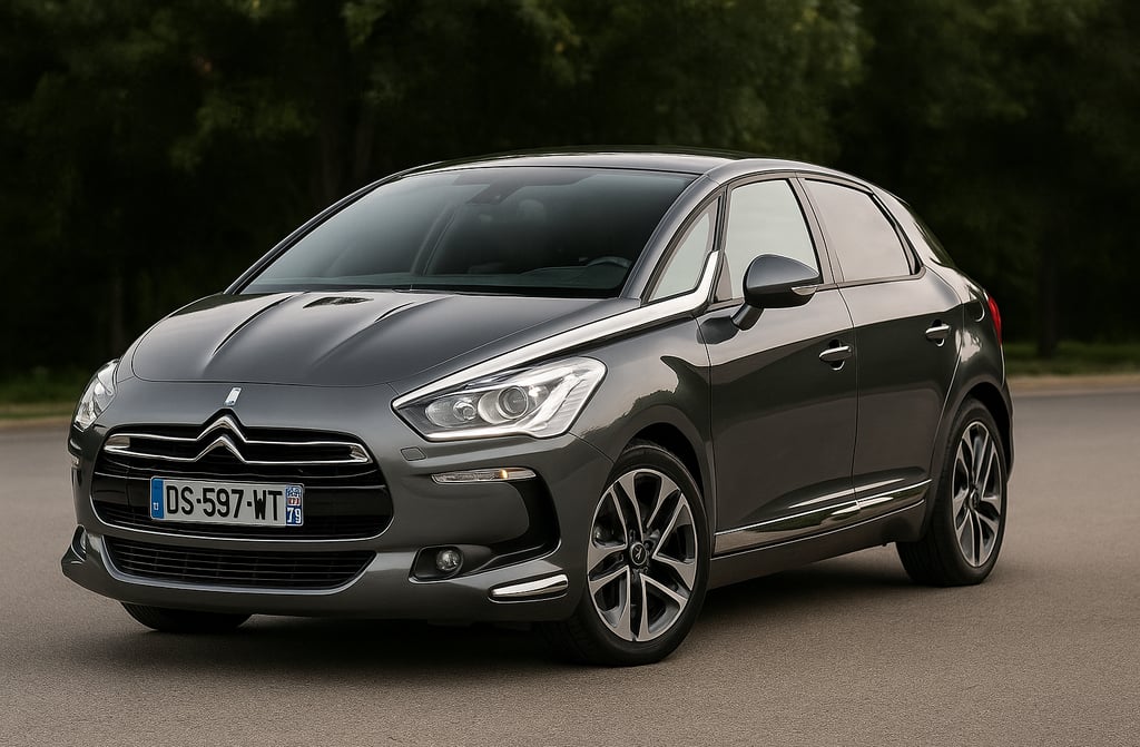 Citroën DS5 preto metálico em ambiente urbano, visto em ângulo 3/4 frontal com design sofisticado e 