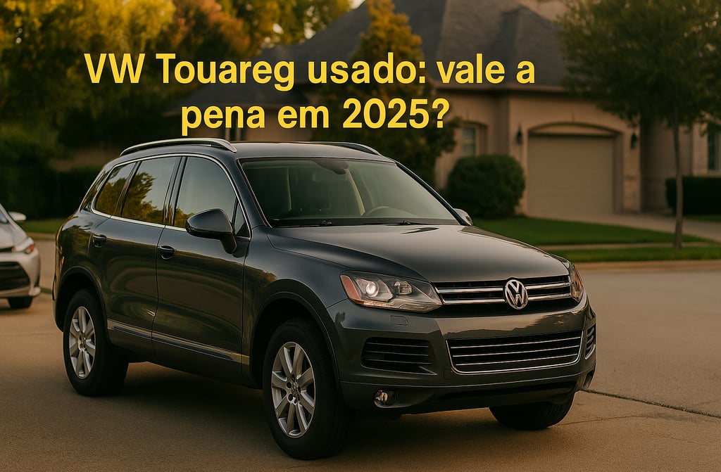 VW Touareg usado cinza escuro estacionado em rua residencial ao entardecer, visto em ângulo 3/4 dian