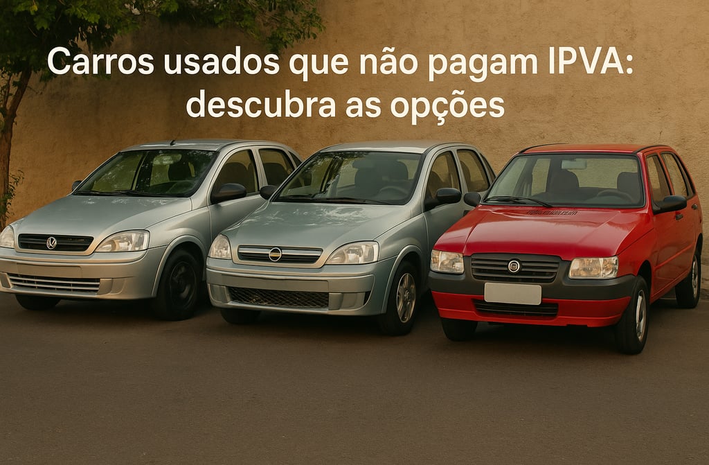 Gol G4, Corsa 2011 e Uno Mille 2009 usados estacionados lado a lado, representando carros isentos de