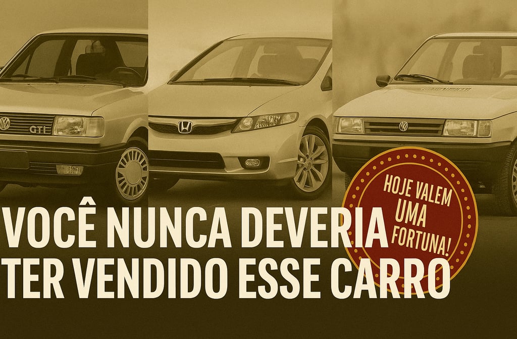 Montagem em tom sépia com três carros clássicos brasileiros — Volkswagen Gol GTI, Honda Civic Si (ge