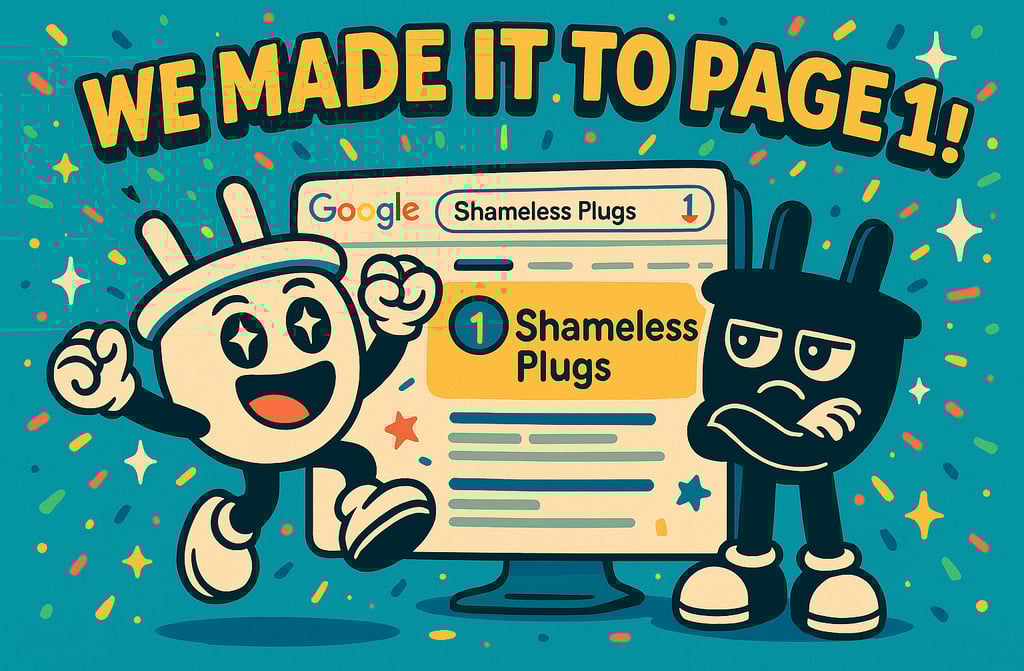 Plugsy jumps in the air holding a glowing plug-shaped trophy, while Smugsy casually sips coffee besi