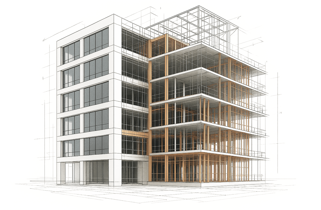 Architekturskizze eines modernen Skelettbaus