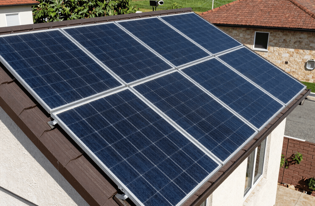 A bright solar panel glistening under the Kenyan sun with lush greenery in the background.