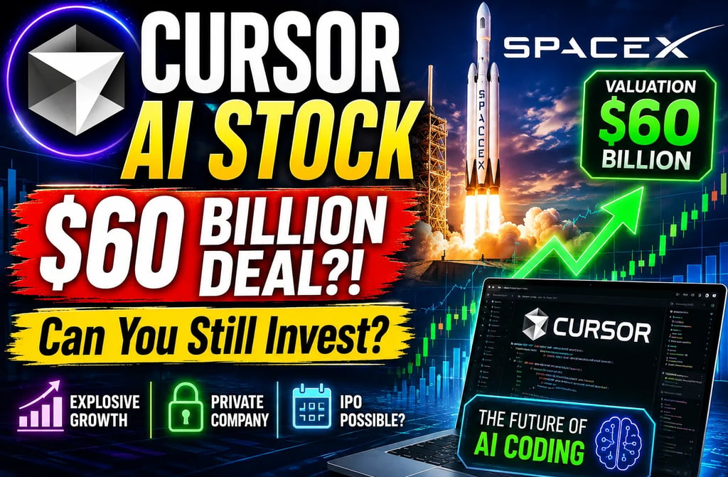Cursor AI Stock thumbnail featuring a SpaceX rocket launch, rising stock market chart, Cursor AI cod