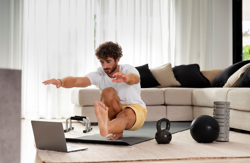 a man doing a yoga pose at home