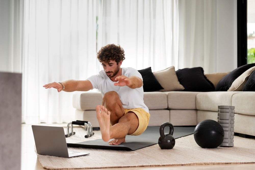 men is working out at home
