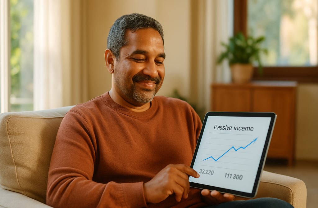 Person viewing financial growth on screen, representing passive income.