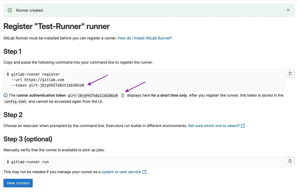 GitLab screenshot of the confirmation screen for a new, fake Runner.
