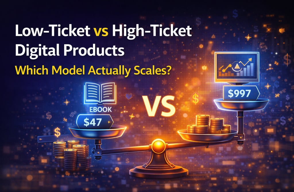 Comparison of low-ticket vs high-ticket digital products shown on a scale with a $47 ebook and $997 course.