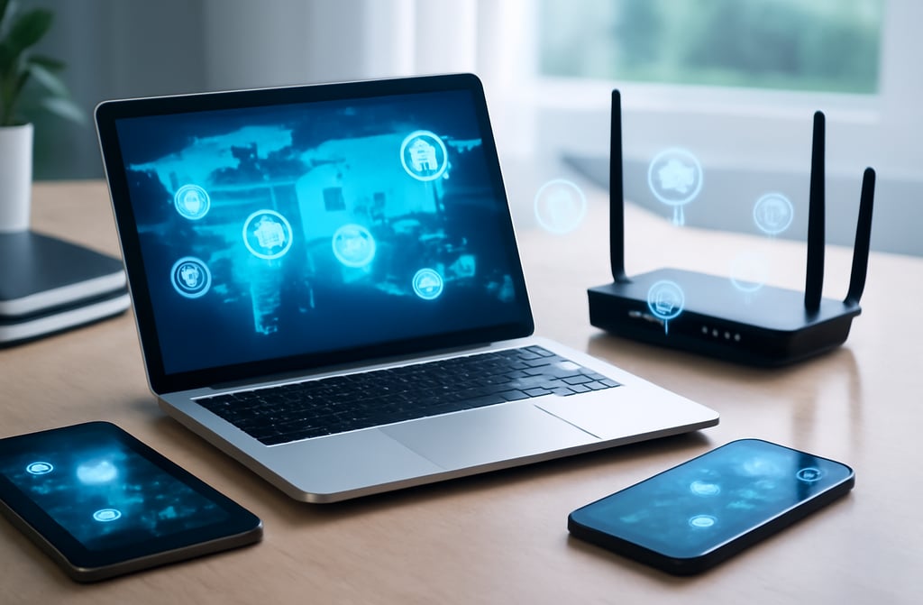Imagem digital de alta resolução mostrando a conectividade entre dispositivos eletrônicos em uma mes