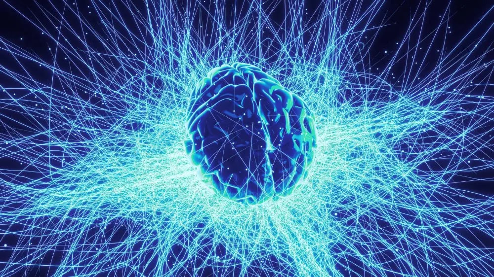 An blue brain sparkling with electricity