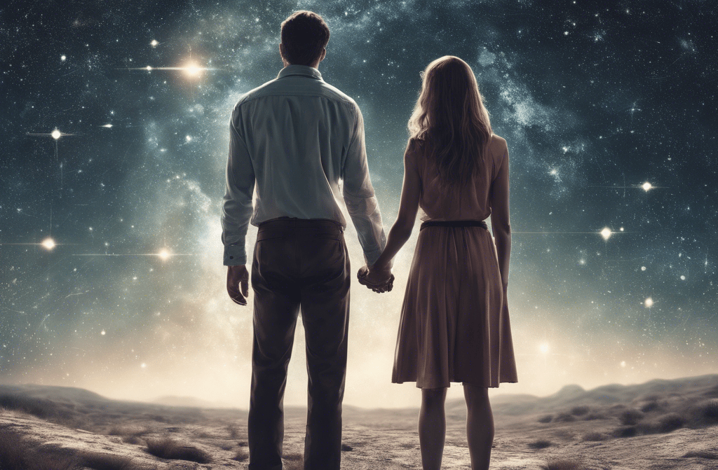 man and woman holding hands looking at the universe