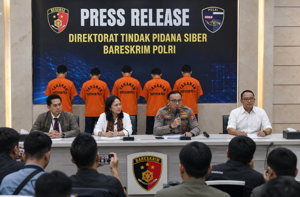 Ilustrasi konferensi pers pengungkapan tindak pidana siber oleh aparat kepolisian dengan menghadi