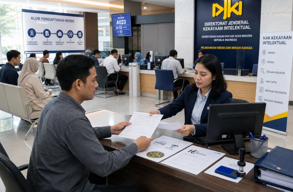 Ilustrasi proses pendaftaran merek oleh pelaku usaha di kantor pelayanan kekayaan intelektual sebaga