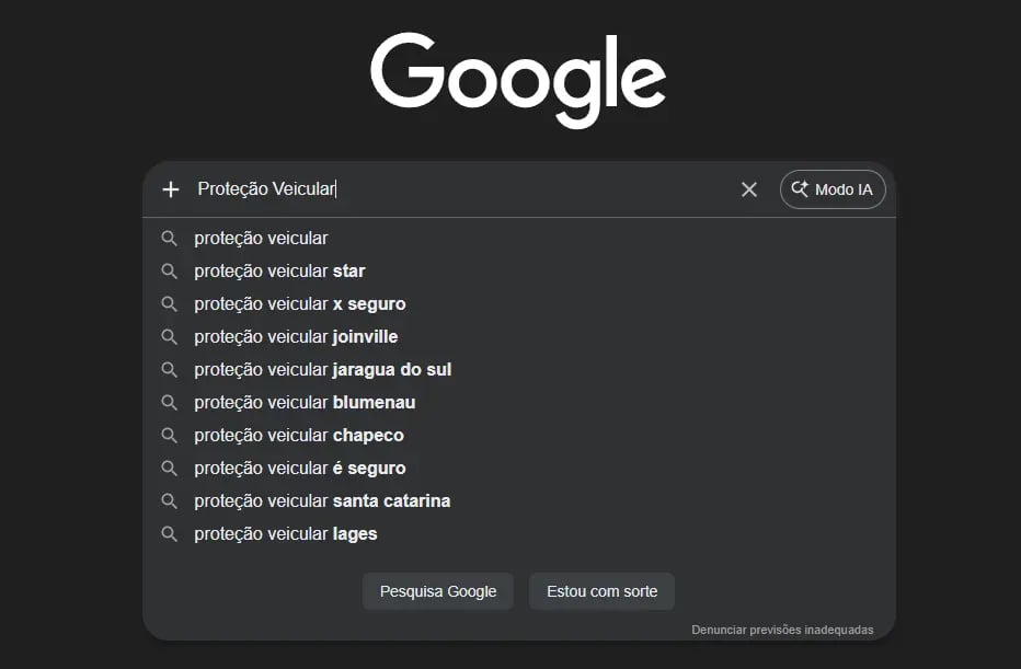 Resultados de busca no Google para proteção veicular mostrando volume de pesquisas