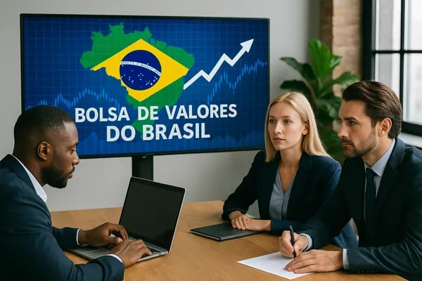 Investidor estrangeiro analisando gráficos da B3 no notebook, ambiente corporativo, foco em mercado