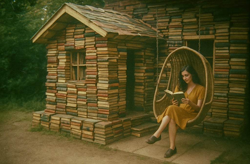 Une femme lit devant une maison construite avec des livres - Pour la journée de la bibliodiversité.