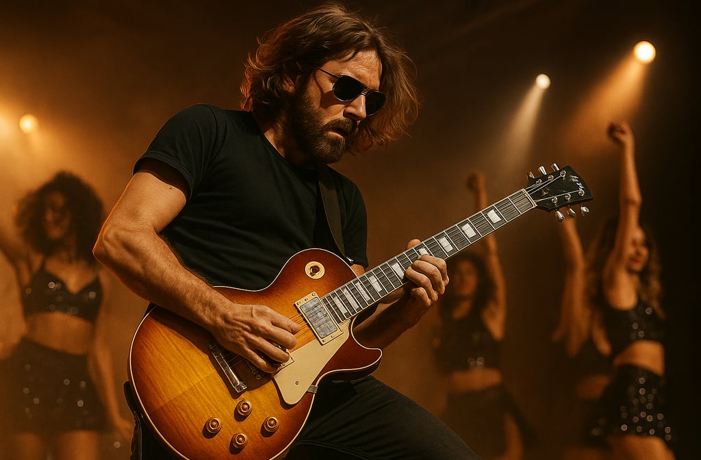 Un guitariste gaucher qui joue en position droitier pour la journée des gauchers.