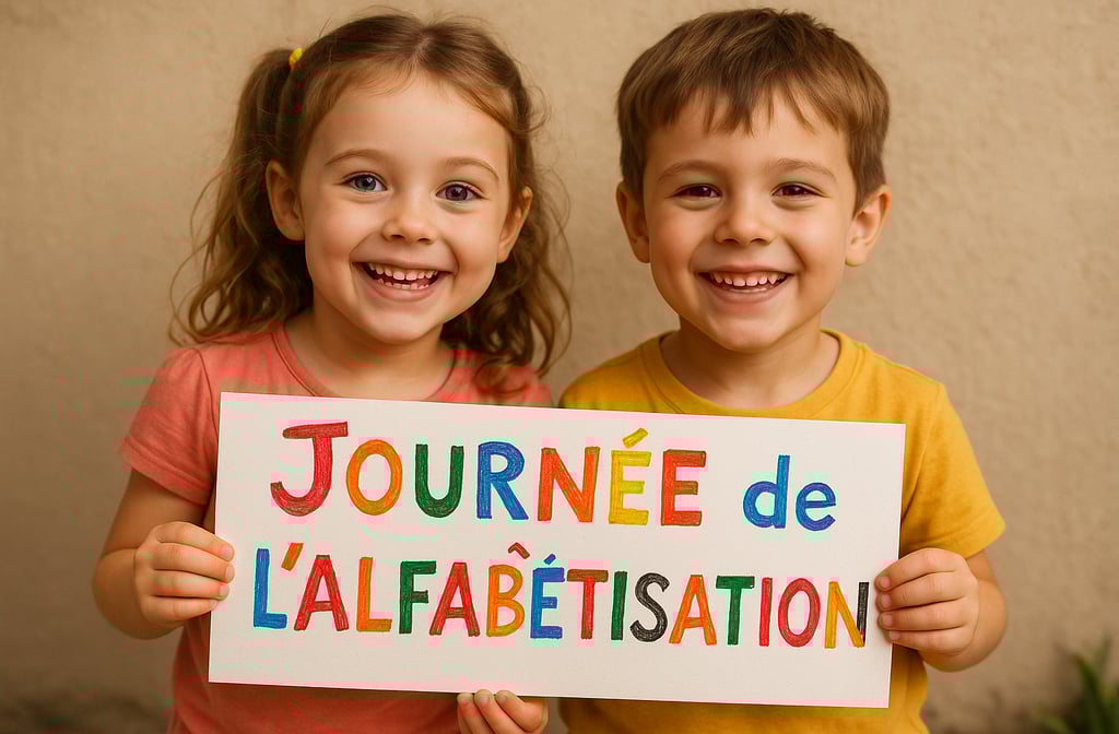 Deux enfants avec un panneau pour la journée de l'alphabétisation.