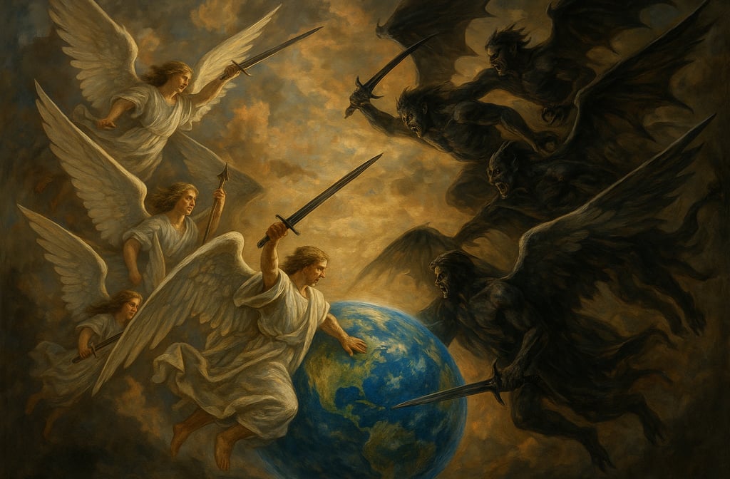 Illustration de combat anges et démons pour la journée de prière pour la création.