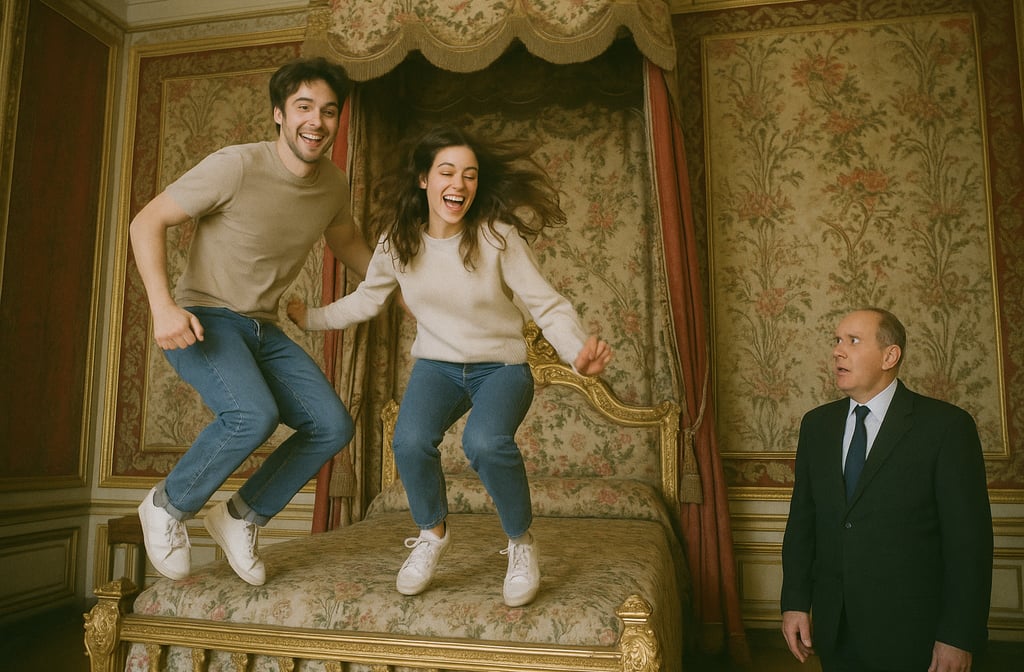 couple qui saute sur le lit pendant une visite lors des Journées européennes du patrimoine